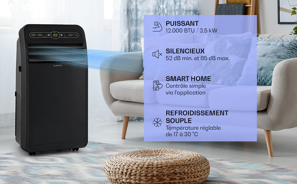 Klarstein Metrobreeze New York Smart 12k Climatiseur Mobile - 12,000 BTU, 35-59 m², WiFi & Alexa, Ventilateur & Déshumidificateur, Silencieux, Classe A, Télécommande, Minuterie, Mode Veille, Noir