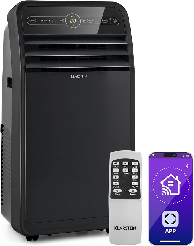 Klarstein Metrobreeze New York Smart 12k Climatiseur Mobile - 12,000 BTU, 35-59 m², WiFi & Alexa, Ventilateur & Déshumidificateur, Silencieux, Classe A, Télécommande, Minuterie, Mode Veille, Noir