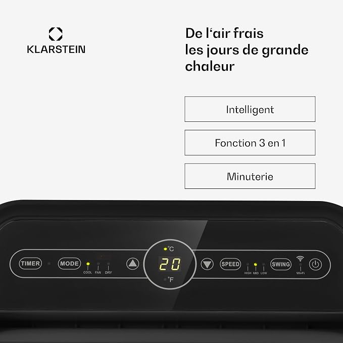 Klarstein Metrobreeze New York Smart 12k Climatiseur Mobile - 12,000 BTU, 35-59 m², WiFi & Alexa, Ventilateur & Déshumidificateur, Silencieux, Classe A, Télécommande, Minuterie, Mode Veille, Noir