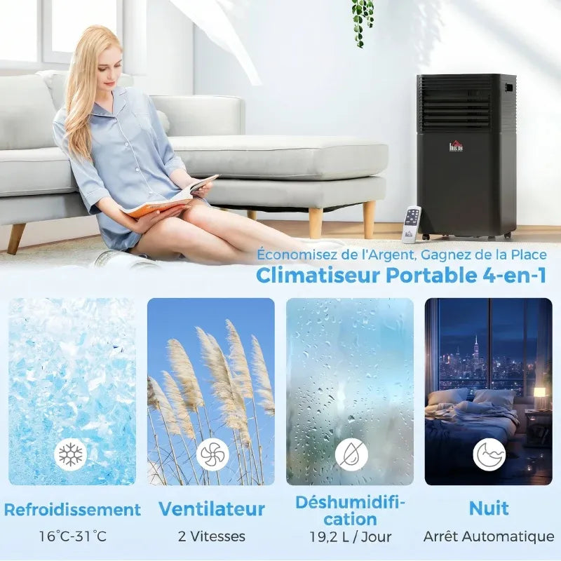 HOMCOM Climatiseur mobile 7000 BTU avec télécommande, minuterie 24H, jusqu'à 26 m², classe énergétique A, noir